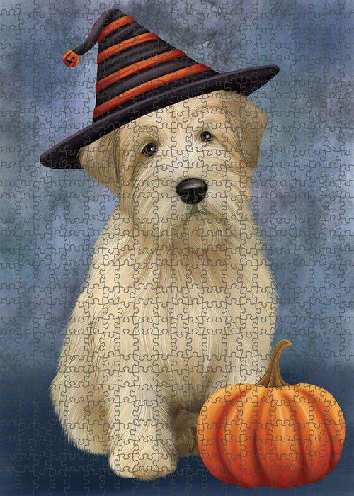 Happy Halloween Wheaten Terrier Dog Wearing Witch Hat with Pumpkin Puzzle with Photo Tin PUZL86672
