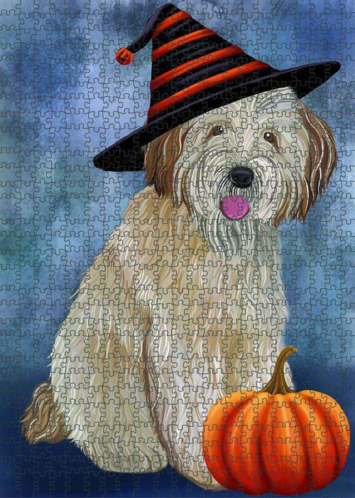 Happy Halloween Wheaten Terrier Dog Wearing Witch Hat with Pumpkin Puzzle with Photo Tin PUZL86932