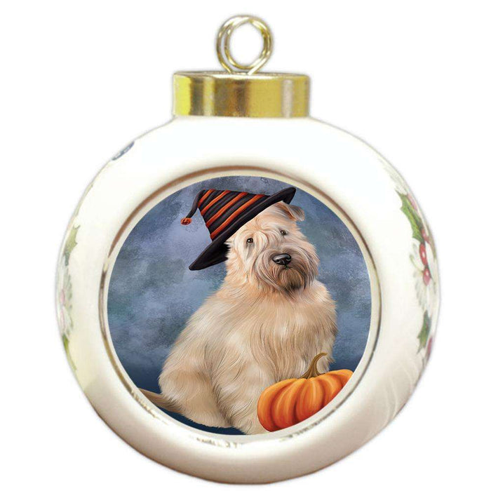 Happy Halloween Wheaten Terrier Dog Wearing Witch Hat with Pumpkin Round Ball Christmas Ornament RBPOR54878