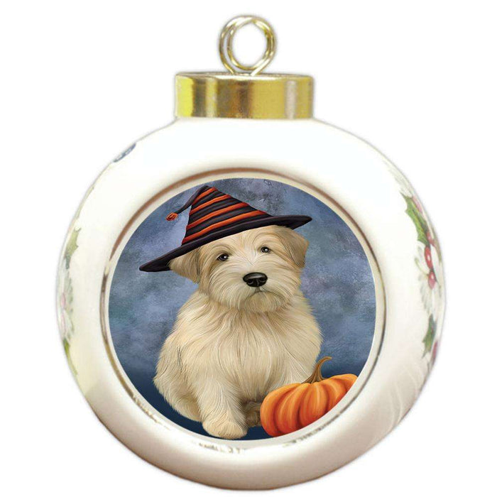 Happy Halloween Wheaten Terrier Dog Wearing Witch Hat with Pumpkin Round Ball Christmas Ornament RBPOR54879