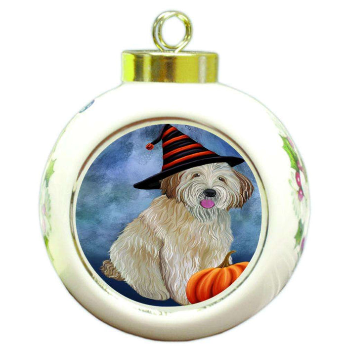 Happy Halloween Wheaten Terrier Dog Wearing Witch Hat with Pumpkin Round Ball Christmas Ornament RBPOR54944