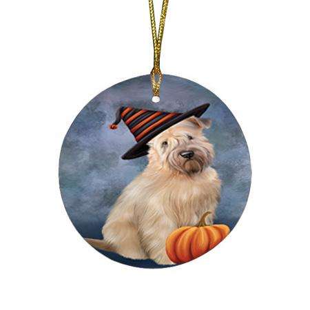 Happy Halloween Wheaten Terrier Dog Wearing Witch Hat with Pumpkin Round Flat Christmas Ornament RFPOR54869