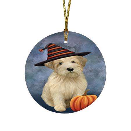 Happy Halloween Wheaten Terrier Dog Wearing Witch Hat with Pumpkin Round Flat Christmas Ornament RFPOR54870