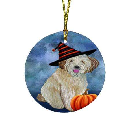 Happy Halloween Wheaten Terrier Dog Wearing Witch Hat with Pumpkin Round Flat Christmas Ornament RFPOR54935