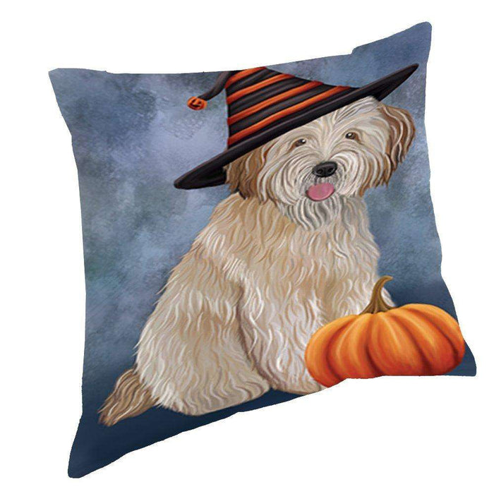 Happy Halloween Wheaten Terrier Dog Wearing Witch Hat with Pumpkin Throw Pillow D241