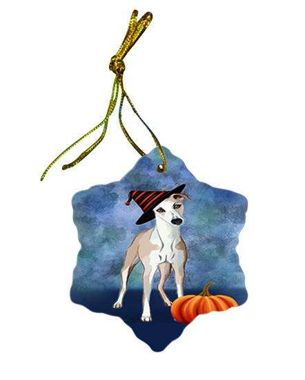 Happy Halloween Whippet Dog Wearing Witch Hat with Pumpkin Ceramic Doily Ornament DPOR54945