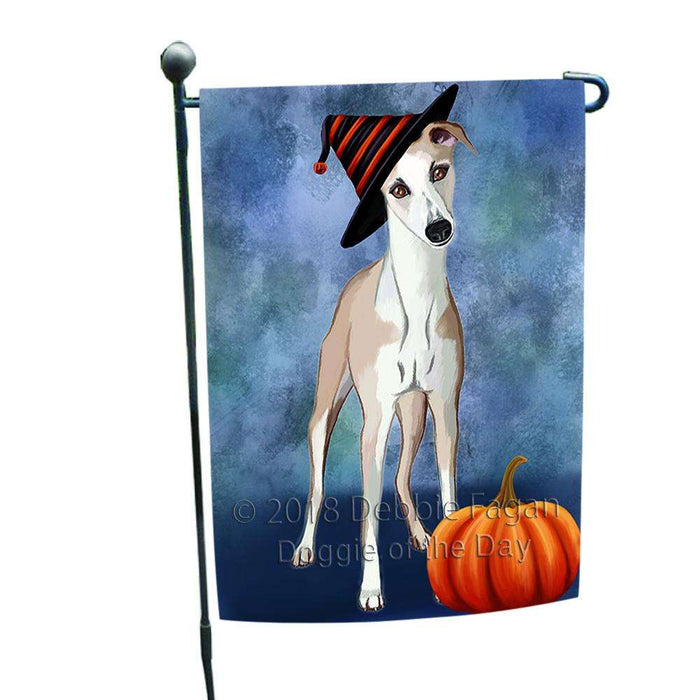 Happy Halloween Whippet Dog Wearing Witch Hat with Pumpkin Garden Flag GFLG55007