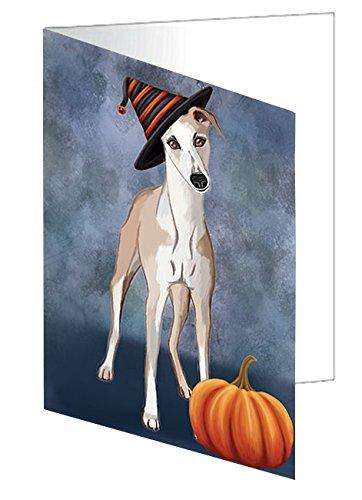 Happy Halloween Whippet Dog Wearing Witch Hat with Pumpkin Handmade Artwork Assorted Pets Greeting Cards and Note Cards with Envelopes for All Occasions and Holiday Seasons D171