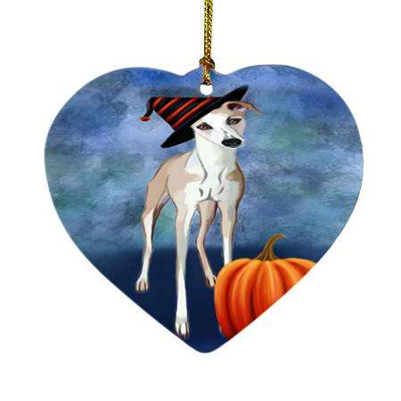 Happy Halloween Whippet Dog Wearing Witch Hat with Pumpkin Heart Christmas Ornament HPOR54945