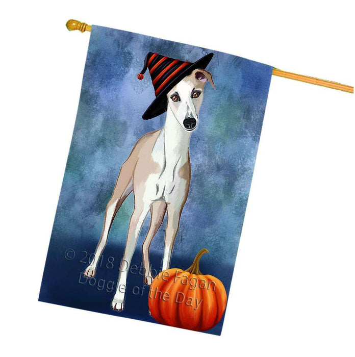 Happy Halloween Whippet Dog Wearing Witch Hat with Pumpkin House Flag FLG55143