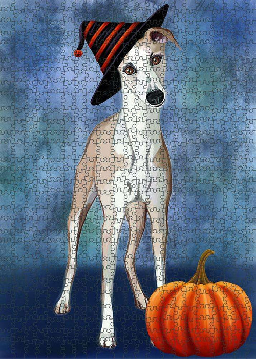 Happy Halloween Whippet Dog Wearing Witch Hat with Pumpkin Puzzle with Photo Tin PUZL86936