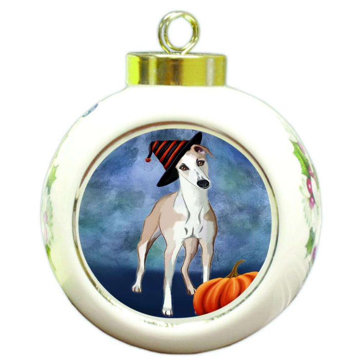 Happy Halloween Whippet Dog Wearing Witch Hat with Pumpkin Round Ball Christmas Ornament RBPOR54945