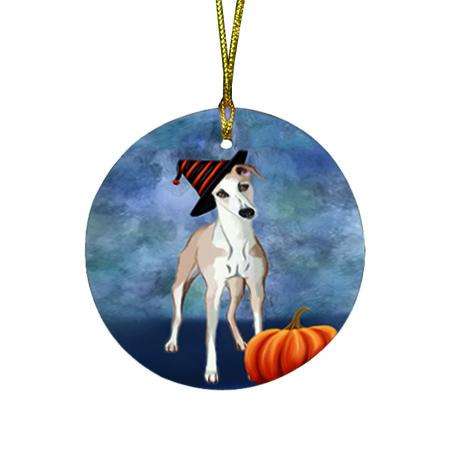 Happy Halloween Whippet Dog Wearing Witch Hat with Pumpkin Round Flat Christmas Ornament RFPOR54936