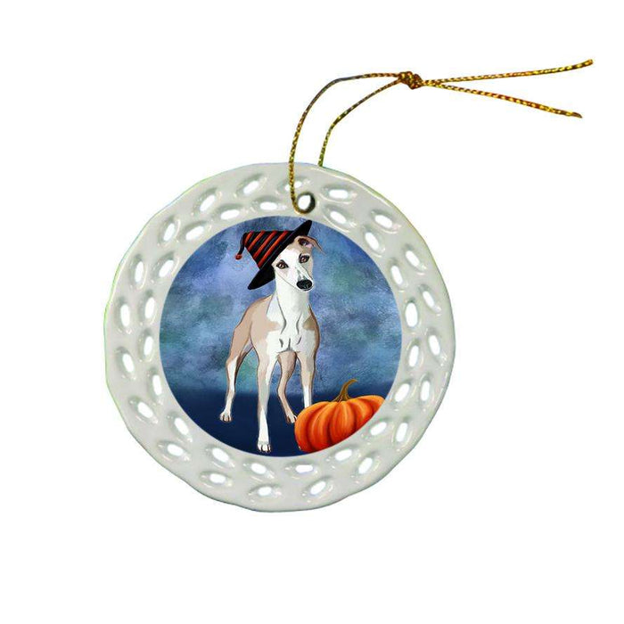 Happy Halloween Whippet Dog Wearing Witch Hat with Pumpkin Star Porcelain Ornament SPOR54936