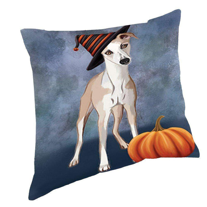 Happy Halloween Whippet Dog Wearing Witch Hat with Pumpkin Throw Pillow D243