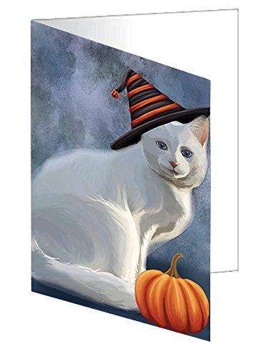 Happy Halloween White Albino Cat Wearing Witch Hat with Pumpkin Handmade Artwork Assorted Pets Greeting Cards and Note Cards with Envelopes for All Occasions and Holiday Seasons D173