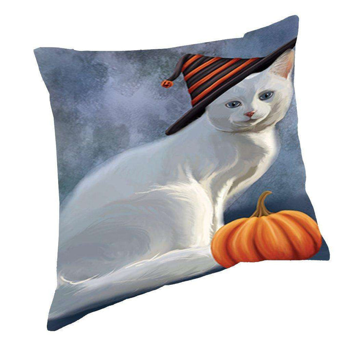 Happy Halloween White Albino Cat Wearing Witch Hat with Pumpkin Throw Pillow D245