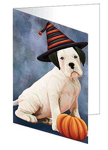 Happy Halloween White Boxer Dog Wearing Witch Hat with Pumpkin Handmade Artwork Assorted Pets Greeting Cards and Note Cards with Envelopes for All Occasions and Holiday Seasons D175