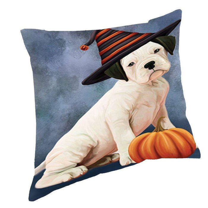 Happy Halloween White Boxer Dog Wearing Witch Hat with Pumpkin Throw Pillow D247