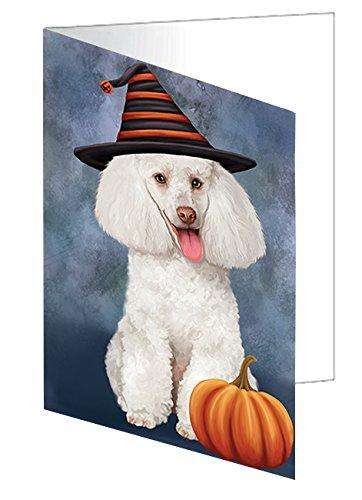 Happy Halloween White Poodle Dog Wearing Witch Hat with Pumpkin Handmade Artwork Assorted Pets Greeting Cards and Note Cards with Envelopes for All Occasions and Holiday Seasons D177
