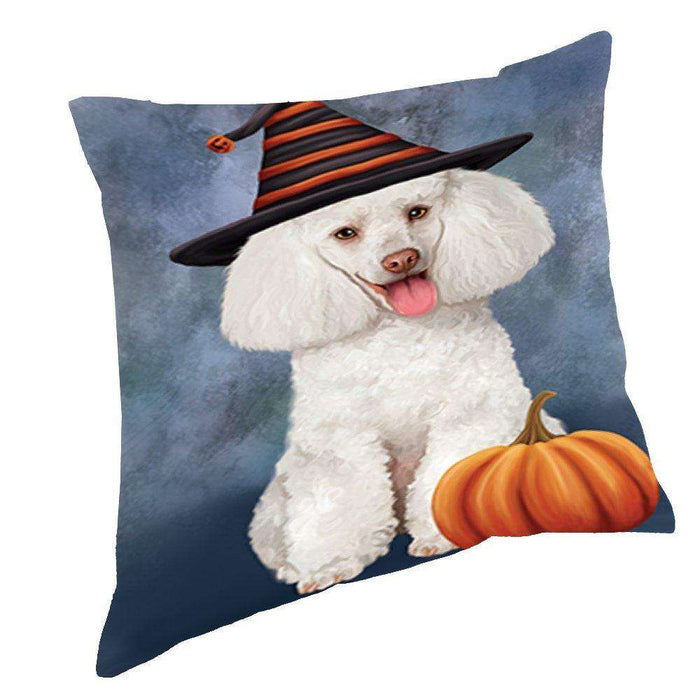 Happy Halloween White Poodle Dog Wearing Witch Hat with Pumpkin Throw Pillow D249