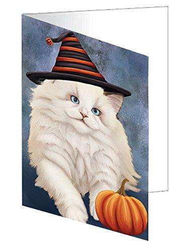 Happy Halloween White Ragdoll Cat Wearing Witch Hat with Pumpkin Handmade Artwork Assorted Pets Greeting Cards and Note Cards with Envelopes for All Occasions and Holiday Seasons D026