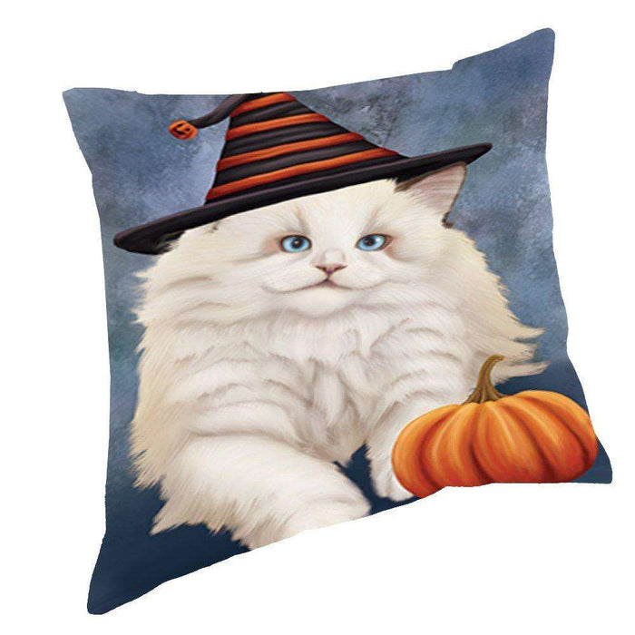 Happy Halloween White Ragdoll Cat Wearing Witch Hat with Pumpkin Throw Pillow D251