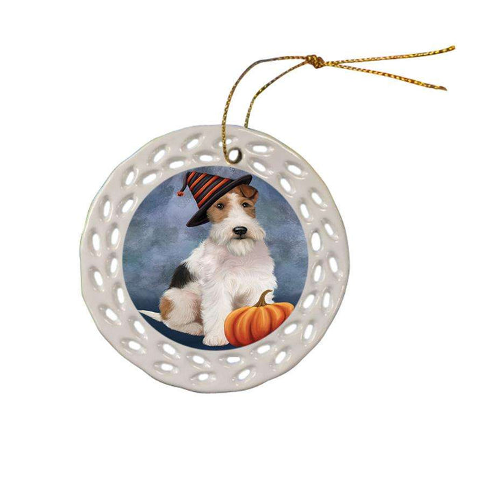 Happy Halloween Wire Fox Terrier Dog Wearing Witch Hat with Pumpkin Ceramic Doily Ornament DPOR54880