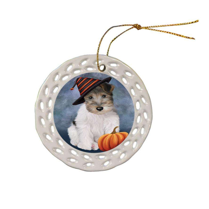 Happy Halloween Wire Fox Terrier Dog Wearing Witch Hat with Pumpkin Ceramic Doily Ornament DPOR54881