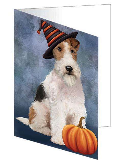 Happy Halloween Wire Fox Terrier Dog Wearing Witch Hat with Pumpkin Handmade Artwork Assorted Pets Greeting Cards and Note Cards with Envelopes for All Occasions and Holiday Seasons GCD68669