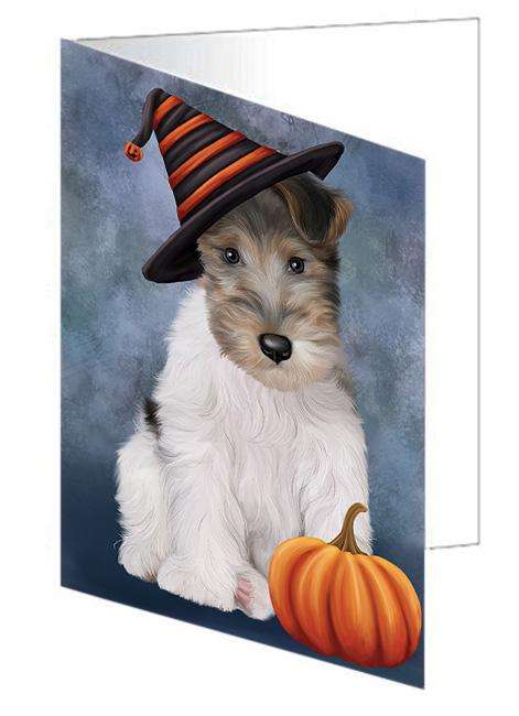 Happy Halloween Wire Fox Terrier Dog Wearing Witch Hat with Pumpkin Handmade Artwork Assorted Pets Greeting Cards and Note Cards with Envelopes for All Occasions and Holiday Seasons GCD68672
