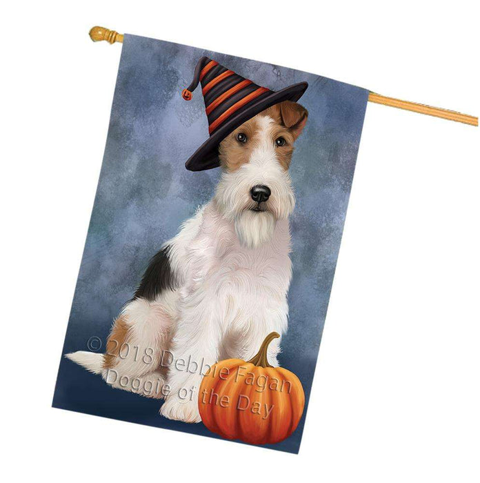 Happy Halloween Wire Fox Terrier Dog Wearing Witch Hat with Pumpkin House Flag FLG55078