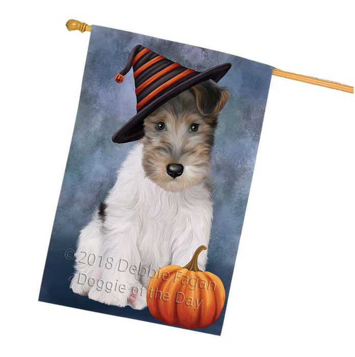 Happy Halloween Wire Fox Terrier Dog Wearing Witch Hat with Pumpkin House Flag FLG55079