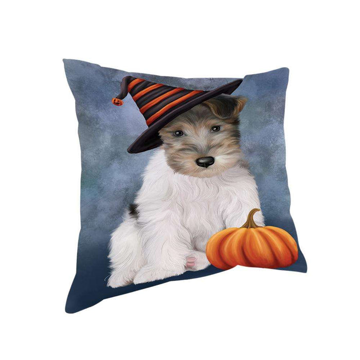 Happy Halloween Wire Fox Terrier Dog Wearing Witch Hat with Pumpkin Pillow PIL76148