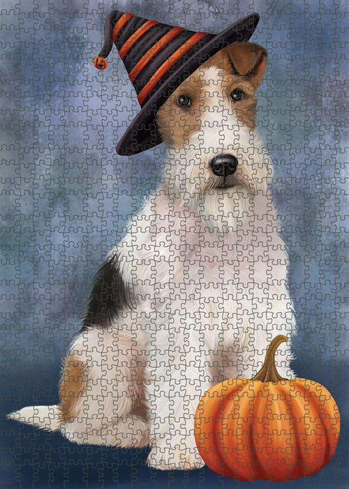 Happy Halloween Wire Fox Terrier Dog Wearing Witch Hat with Pumpkin Puzzle with Photo Tin PUZL86676