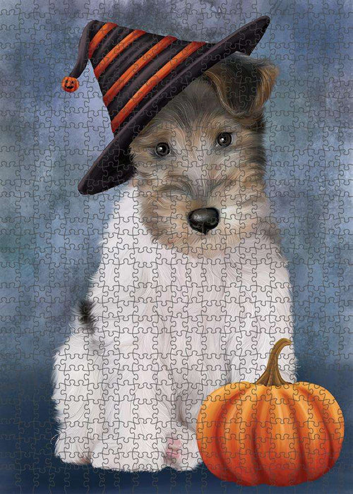 Happy Halloween Wire Fox Terrier Dog Wearing Witch Hat with Pumpkin Puzzle with Photo Tin PUZL86680