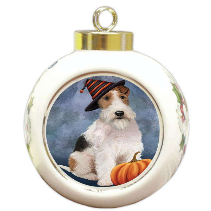 Happy Halloween Wire Fox Terrier Dog Wearing Witch Hat with Pumpkin Round Ball Christmas Ornament RBPOR54880