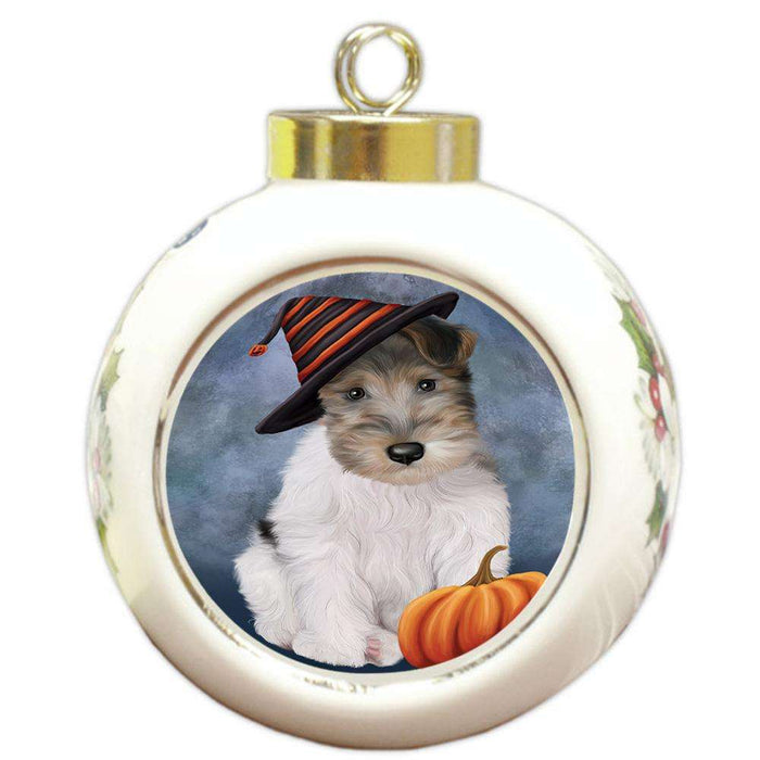 Happy Halloween Wire Fox Terrier Dog Wearing Witch Hat with Pumpkin Round Ball Christmas Ornament RBPOR54881