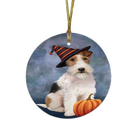 Happy Halloween Wire Fox Terrier Dog Wearing Witch Hat with Pumpkin Round Flat Christmas Ornament RFPOR54871