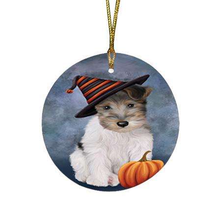 Happy Halloween Wire Fox Terrier Dog Wearing Witch Hat with Pumpkin Round Flat Christmas Ornament RFPOR54872