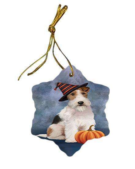 Happy Halloween Wire Fox Terrier Dog Wearing Witch Hat with Pumpkin Star Porcelain Ornament SPOR54871