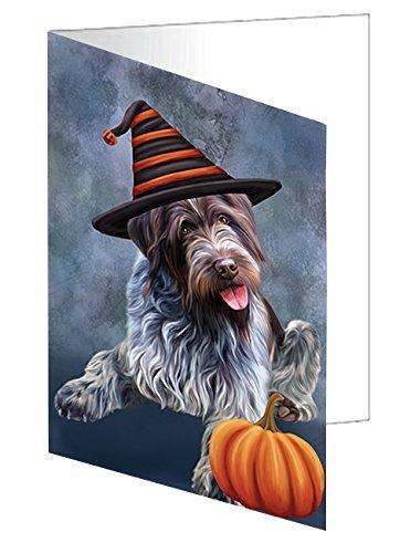 Happy Halloween Wirehaired Pointing Griffon Dog Wearing Witch Hat with Pumpkin Handmade Artwork Assorted Pets Greeting Cards and Note Cards with Envelopes for All Occasions and Holiday Seasons D179