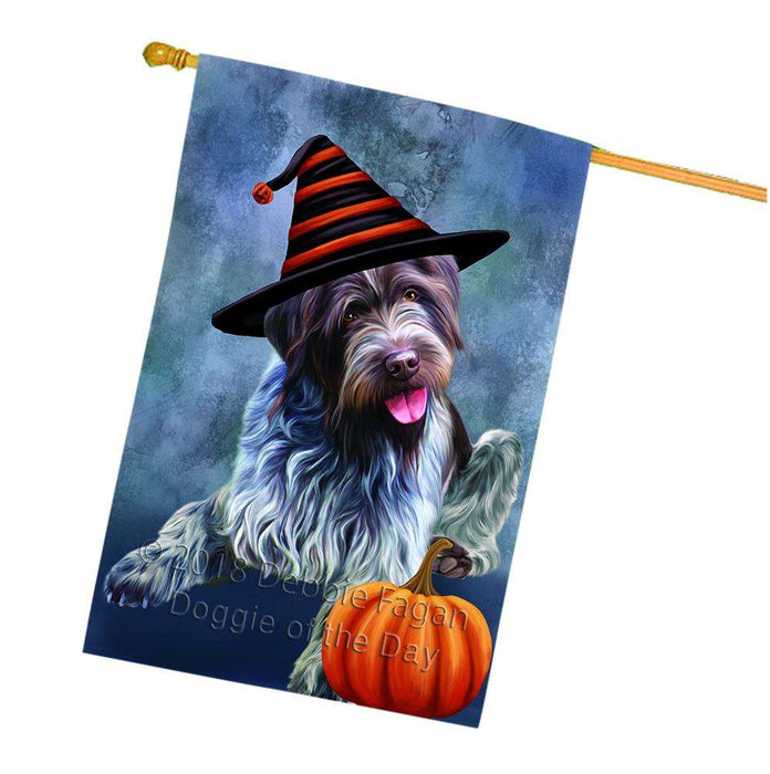 Happy Halloween Wirehaired Pointing Griffon Dog Wearing Witch Hat with Pumpkin House Flag FLG55144