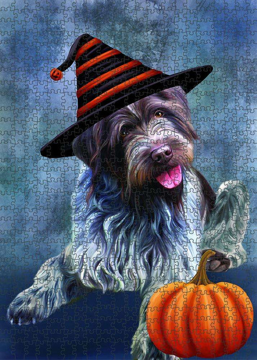 Happy Halloween Wirehaired Pointing Griffon Dog Wearing Witch Hat with Pumpkin Puzzle with Photo Tin PUZL86940