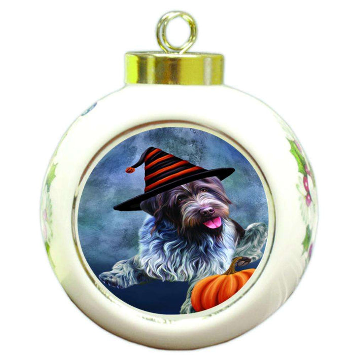 Happy Halloween Wirehaired Pointing Griffon Dog Wearing Witch Hat with Pumpkin Round Ball Christmas Ornament RBPOR54946