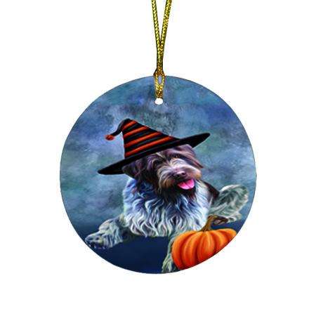Happy Halloween Wirehaired Pointing Griffon Dog Wearing Witch Hat with Pumpkin Round Flat Christmas Ornament RFPOR54937
