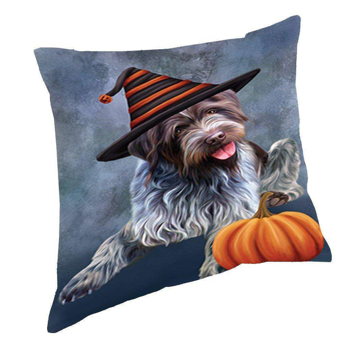 Happy Halloween Wirehaired Pointing Griffon Dog Wearing Witch Hat with Pumpkin Throw Pillow D253