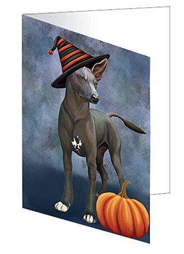 Happy Halloween Xoloitzcuintli Mexican Haireless Dog Wearing Witch Hat with Pumpkin Handmade Artwork Assorted Pets Greeting Cards and Note Cards with Envelopes for All Occasions and Holiday Seasons D181
