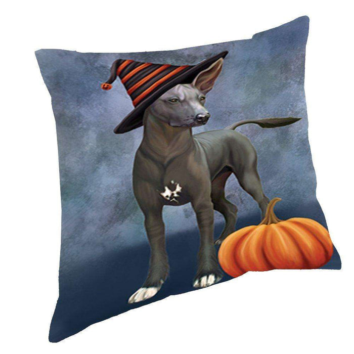 Happy Halloween Xoloitzcuintli Mexican Haireless Dog Wearing Witch Hat with Pumpkin Throw Pillow D255