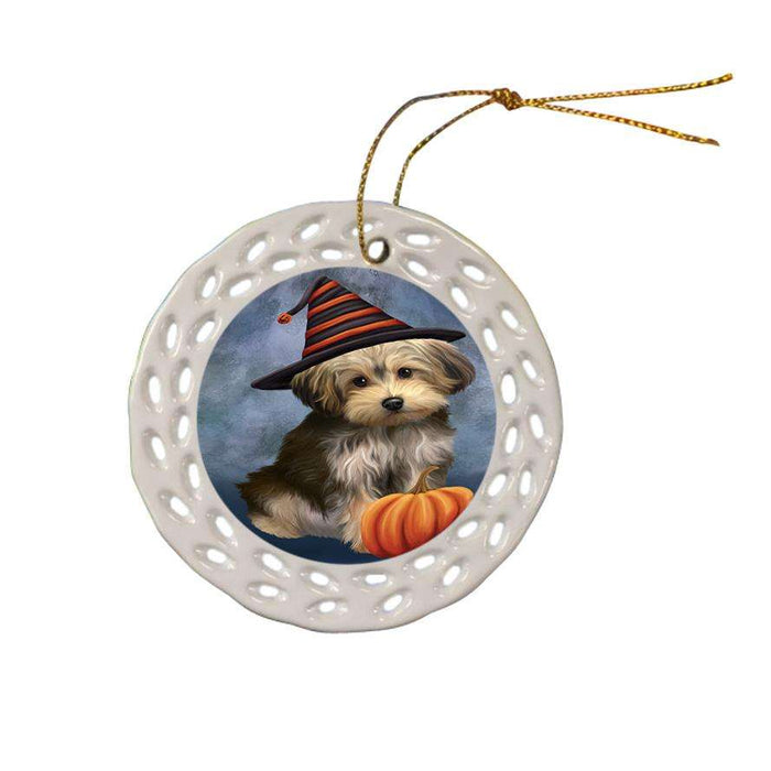 Happy Halloween Yorkipoo Dog Wearing Witch Hat with Pumpkin Ceramic Doily Ornament DPOR54882